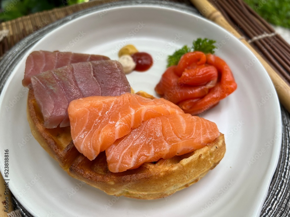 Salmon and tuna waffle with smoked salmon Salmon and tuna waffle with smoked salmon