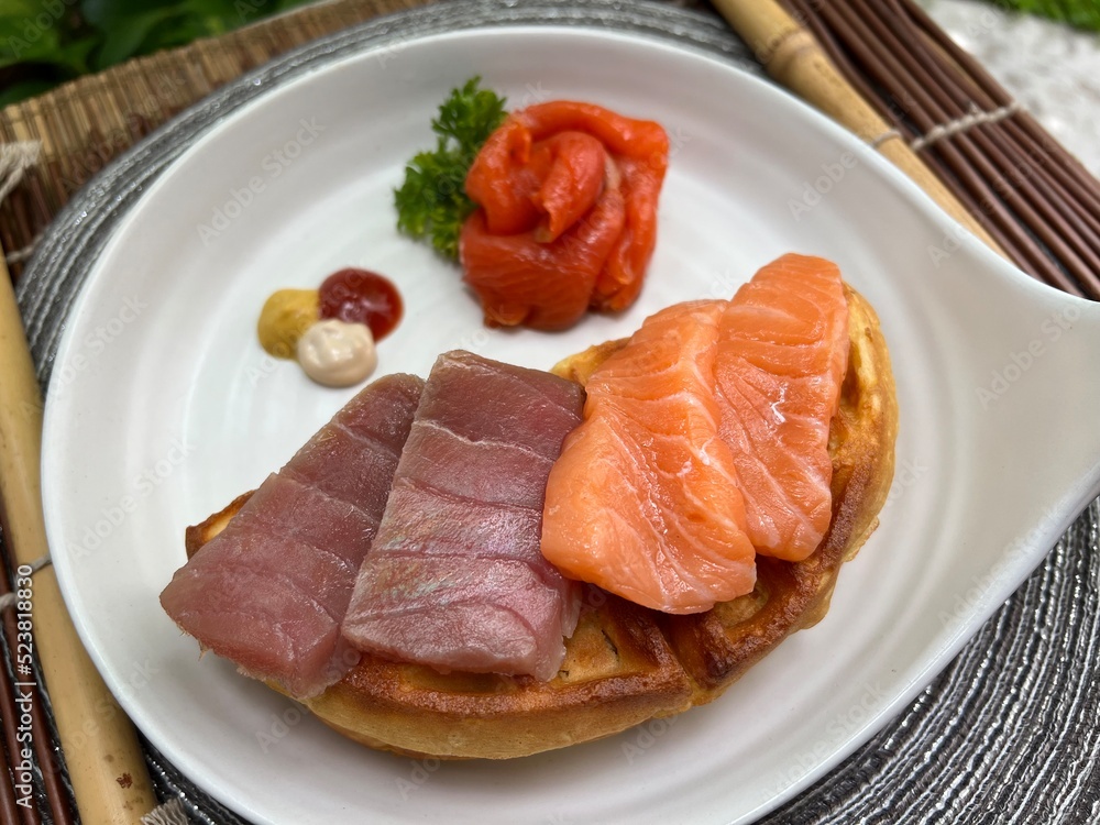 Salmon and tuna waffle with smoked salmon Salmon and tuna waffle with smoked salmon