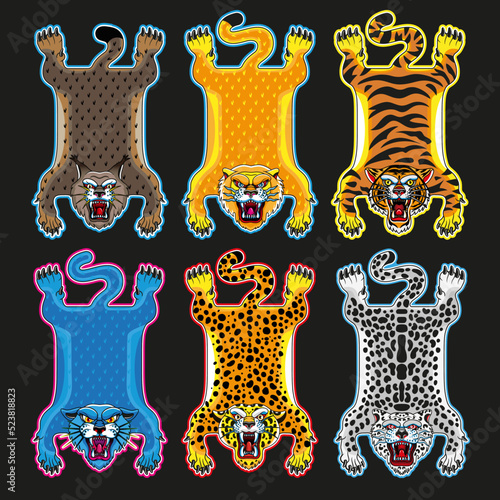 Wild Cats Rug. Faux Animal Floor Rug with Leopard, Tiger, Lynx, Snow Leopard, Lion, Panther Print.Vector Illustration.