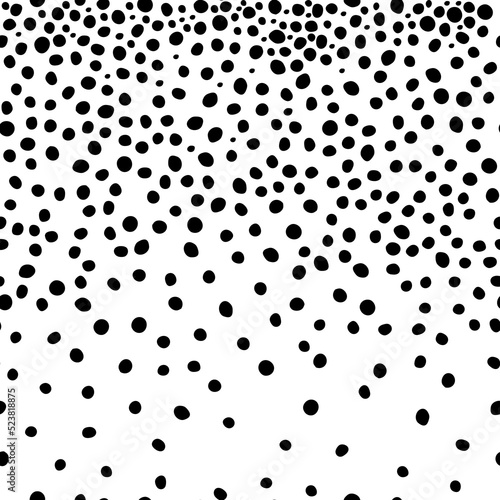Vector. Hand drawn polka dot texture. Spotted grey, black and white background. Geometric abstract pattern with hand drawn circles. Scattered irregularly shaped dots. Flow, halftone gradient.