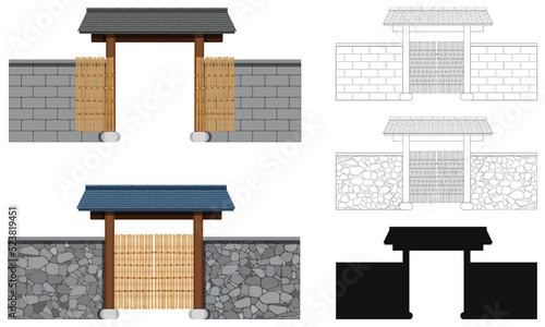 Layered editable vector illustration different types of courtyard gates in traditional asian style.
