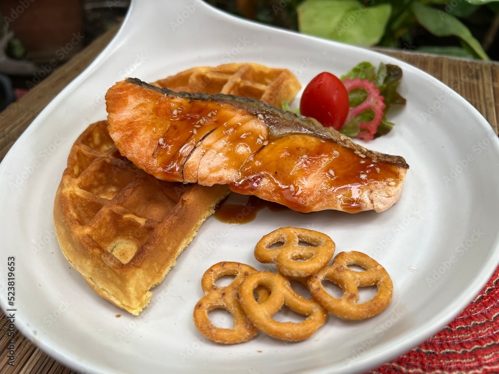 Salmon waffle sandwiches and mini pretzel Salmon waffle sandwiches and mini pretzel