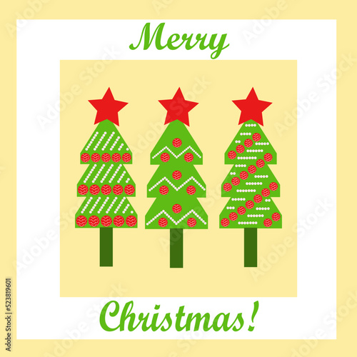 Greeting card with Christmas trees in yellow frame. Copy space.