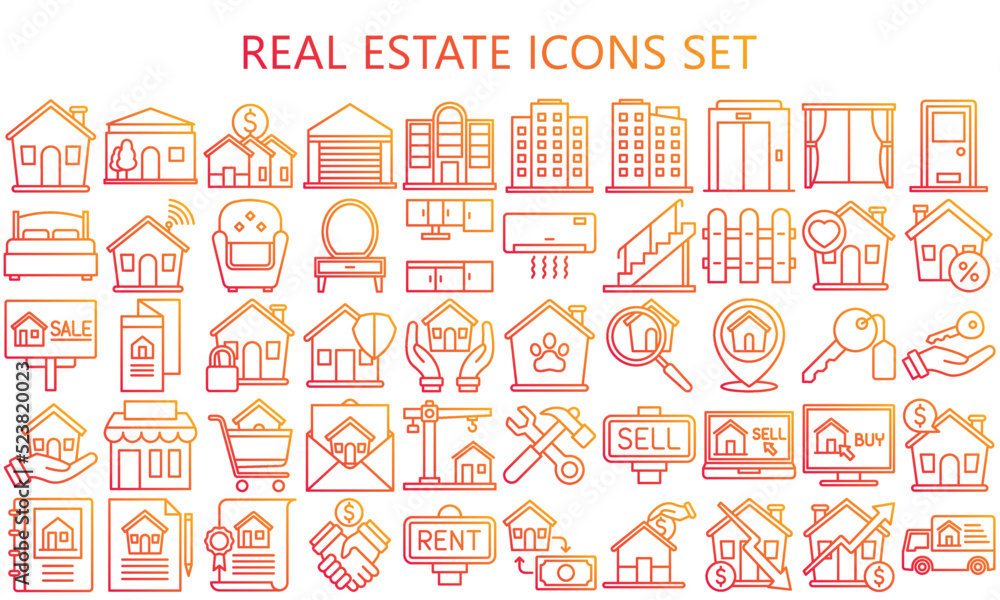 Real Estate gradient outline icon set. Included the icons as realty, property, mortgage, home, apartment and more. Simple vector for ui, ux kit and application, EPS 10 ready convert to SVG.