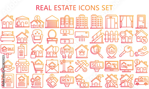 Real Estate gradient outline icon set. Included the icons as realty, property, mortgage, home, apartment and more. Simple vector for ui, ux kit and application, EPS 10 ready convert to SVG.
