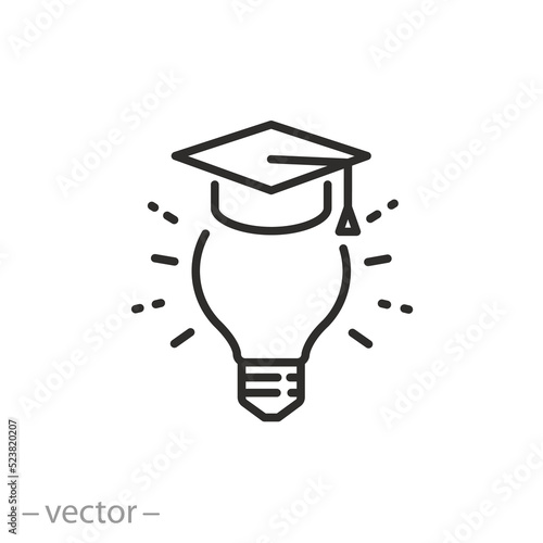 genius idea icon, light bulb and graduation cap, creativity education,  thin line symbol on white background - editable stroke vector illustration