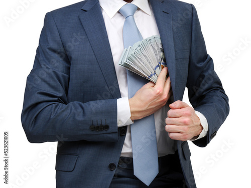  Man putting money in suit jacket pocket.