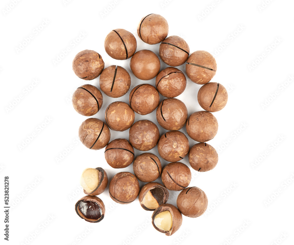 Peeled and unpeeled macadamia nuts on a white background. Peeled and unpeeled macadamia nuts on a white background.