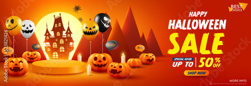 Halloween Sale Promotion Poster template with Product display stage. Halloween pumpkins and Ghost Balloons with moon ligt and castle silhouette background. Website spooky or banner template
