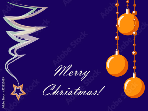 Wishing card with orange balls, christmas tree in blue background. Copy space.