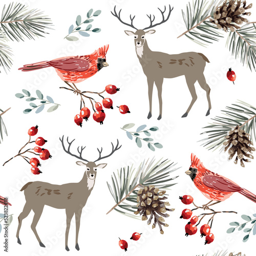 Christmas seamless pattern  deer animals  cardinal birds  red berries  fir twigs  cones  white background. Vector illustration. Nature design. Season greeting. Winter Xmas holidays