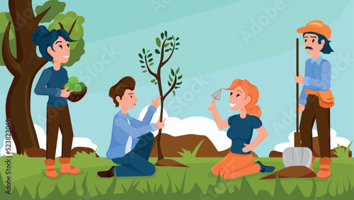Volunteering, cultivaion and social concept. People who plant people vector flat illustration. World health lifestyle.Gardening or farm works. Men and women gardeners.