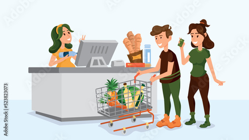 Customers who have shopped at the supermarket and are waiting to pay at the checkout. Grocery shopping, food, needs concepts.