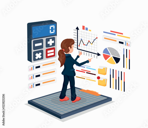 3D businesswoman interested in financial professional dealing with stock market ups and downs. Reading graphs, managing plans, savings concepts.