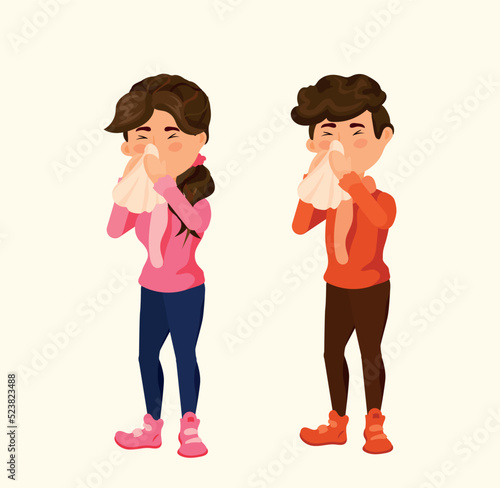Two teenagers caught cold and flu due to winter season. The symptoms of the common cold and the flu epidemic. Human health and treatment methods concept. Sneezing Feeling Sick with Flu Symptoms.