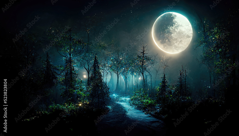 Path in dark fairy tale forest with big full moon glowing - obrazy, fototapety, plakaty 