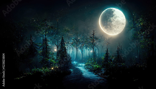 Path in dark fairy tale forest with big full moon glowing © Robert Kneschke