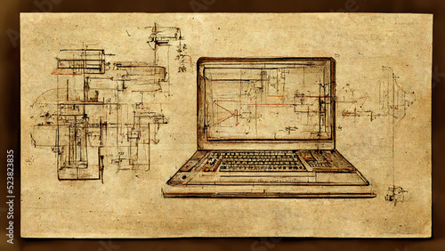 Vintage medival blueprint sketch of laptop computer