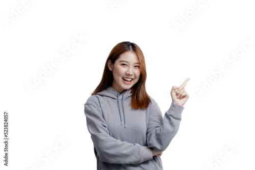 Beautiful Asian woman gesturing for advertisement editing on isolated background, portrait concept used for advertisement and signage, isolated, copy space. © kamiphotos