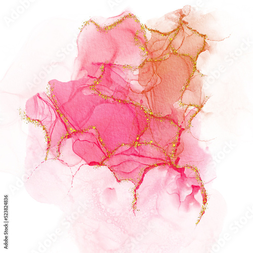 Fototapeta Naklejka Na Ścianę i Meble -  Pink Paper Alcohol Ink Watercolor With Gold Glitter Background Circle