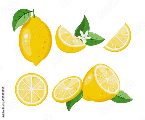 Cartoon Lemon Illustration set collection. Collection of fresh lemon fruits isolated on white background, lemon slice vector illustration