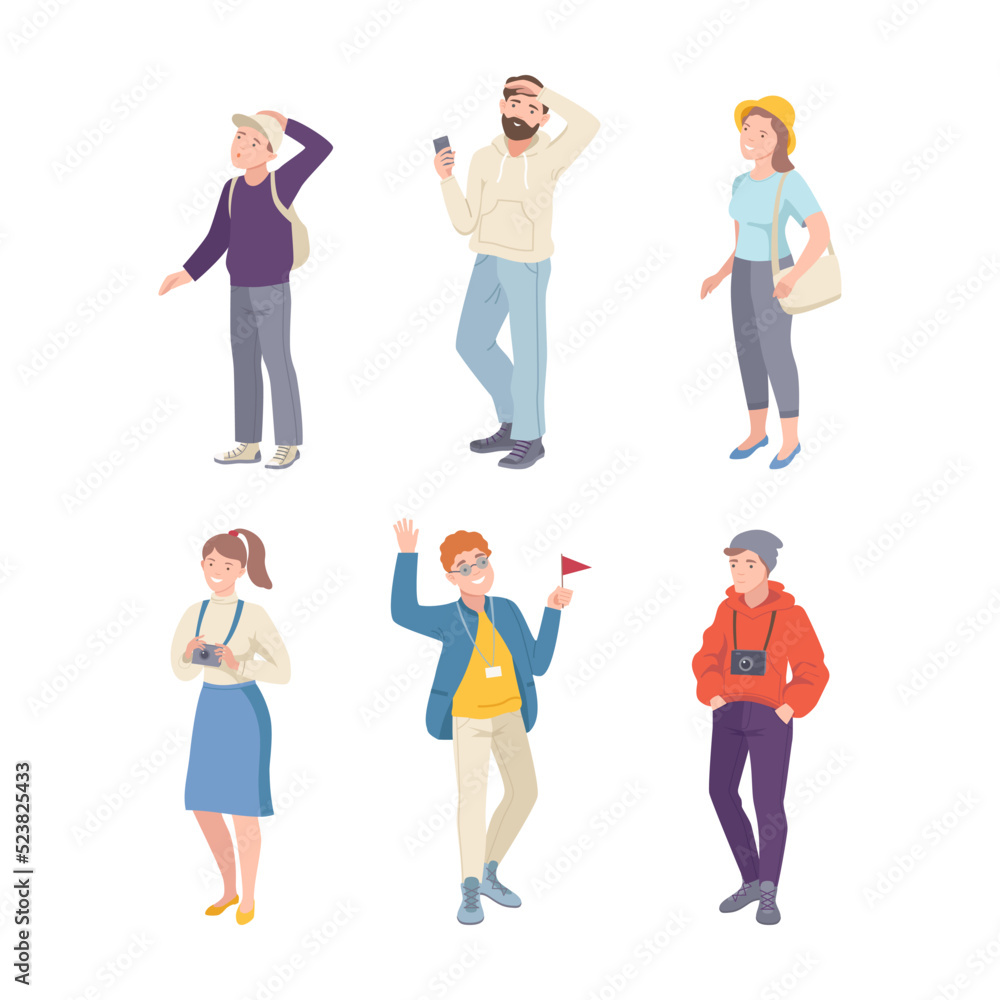 Fototapeta premium People Tourist Character on Excursion or Sightseeing Tour Vector Set