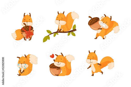 Funny Orange Squirrel Character with Bushy Tail Engaged in Different Activity Vector Set