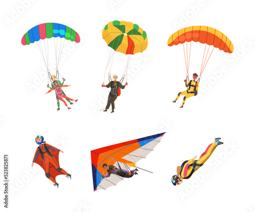 People Parachutist Streamer Free-falling in the Air with Parachute Bag Vector Illustration Set