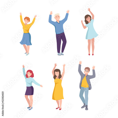 Joyful People Character Raising Hands Up Cheering About Something Vector Illustration Set