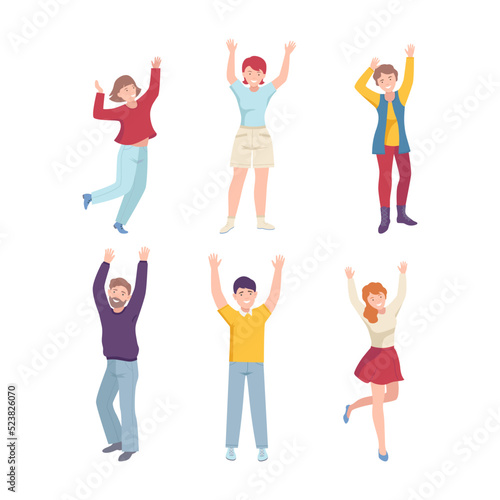 Joyful People Character Raising Hands Up Cheering About Something Vector Illustration Set