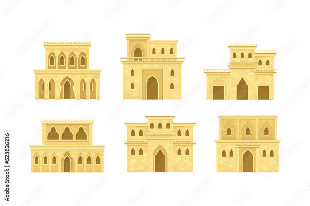 Fototapeta premium Arabic Architecture and Buildings with Arched Windows and Geometric Ornament Vector Set