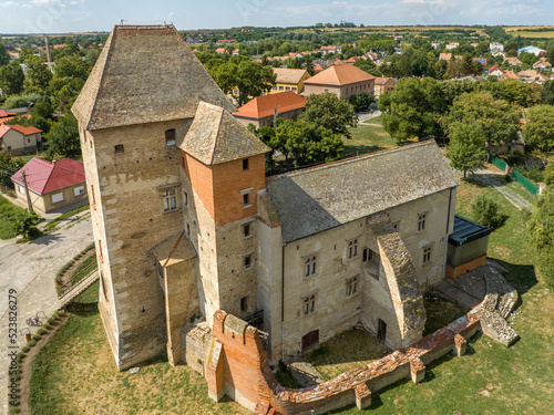 Hungary - Aerial view of Simontornya castle in Tolna county, gothic palace, courtyard, brick curtain wall and traces of moat photo