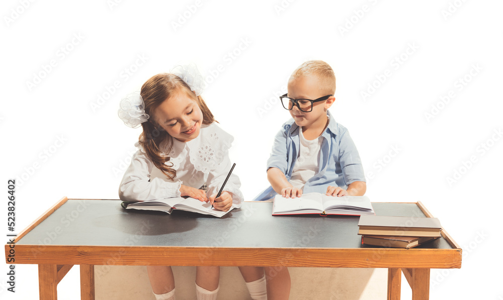 Portrait of little boy and girl, children sitting at desk and studying, doing homework isolated over white background Portrait of little boy and girl, children sitting at desk and studying, doing homework isolated over white background