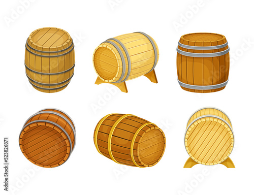 Wooden Barrel or Cask as Hollow Cylindrical Container Bound by Metal Hoop Vector Set