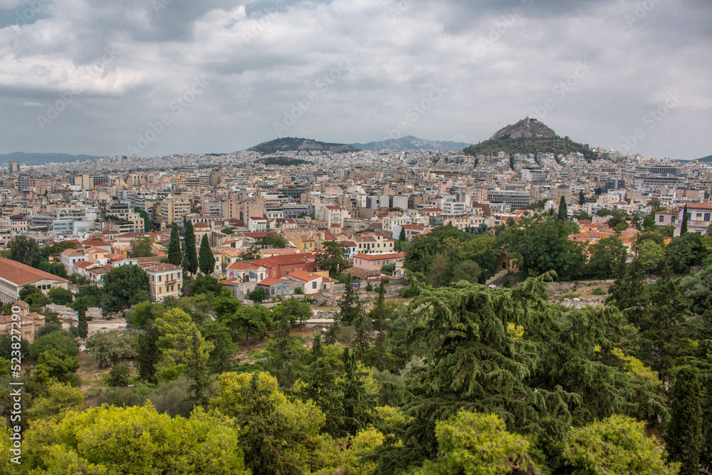 Panoramic view of the city of Athens and Mount Lycabettus, Greece. 