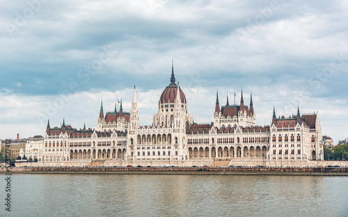 The building of the Hungarian Parliament in Budapest against the backdrop of the Danube River.