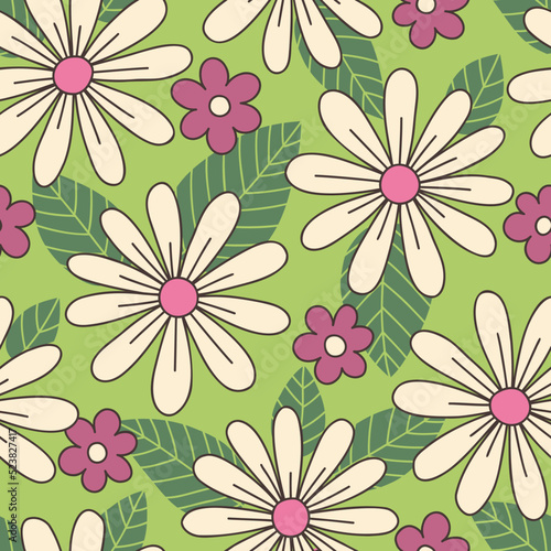 Colorful Large Scale Hand-Drawn Floral Vector Seamless Pattern. Retro 70s Style Nostalgic Daisies. Fashion Textile Bold Background. Summer Resort Print. Flower Power