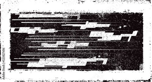 Glitch distorted geometric shape . Noise destroyed logo . Trendy defect error shapes . Glitched frame .Grunge textured . Distressed effect .Vector shapes with a halftone dots screen print texture.