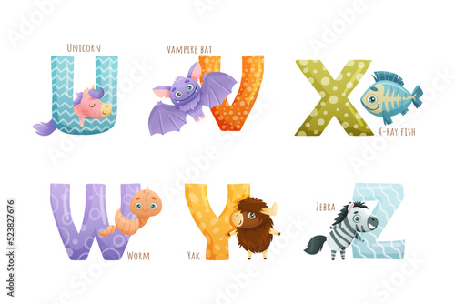 Animal Near Big Alphabet Letter with Name for Preschool Education Vector Set