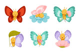 Adorable Baby Butterfly as Cute Insect with Colorful Wings Holding Flower and Heart Vector Set