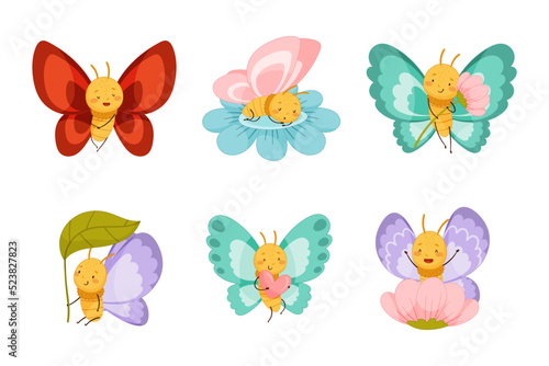 Adorable Baby Butterfly as Cute Insect with Colorful Wings Holding Flower and Heart Vector Set