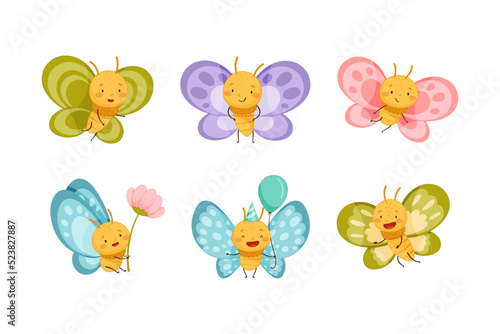 Adorable Baby Butterfly as Cute Insect with Colorful Wings Holding Flower and Balloon Vector Set