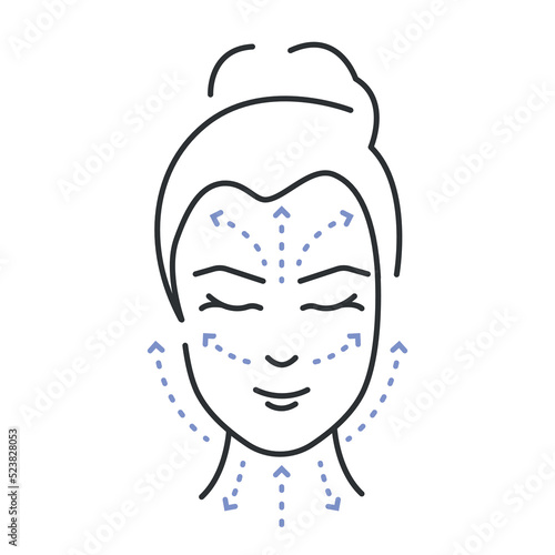 Woman face and neck massage line icon. Instruction with arrows. Massage facial lines. Skin care concept. Vector illustration
