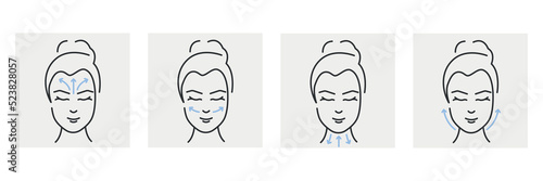 Face massage lines. Lymphatic massage scheme. Woman face skin care concept. Vector illustration