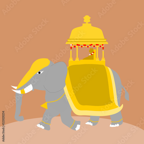 Concept of festival and celebrations, Carrying Golden Howdah or Chinnada Ambari on the leading Elephant during the Jamboo Savari or procession of Mysuru Dussehra.