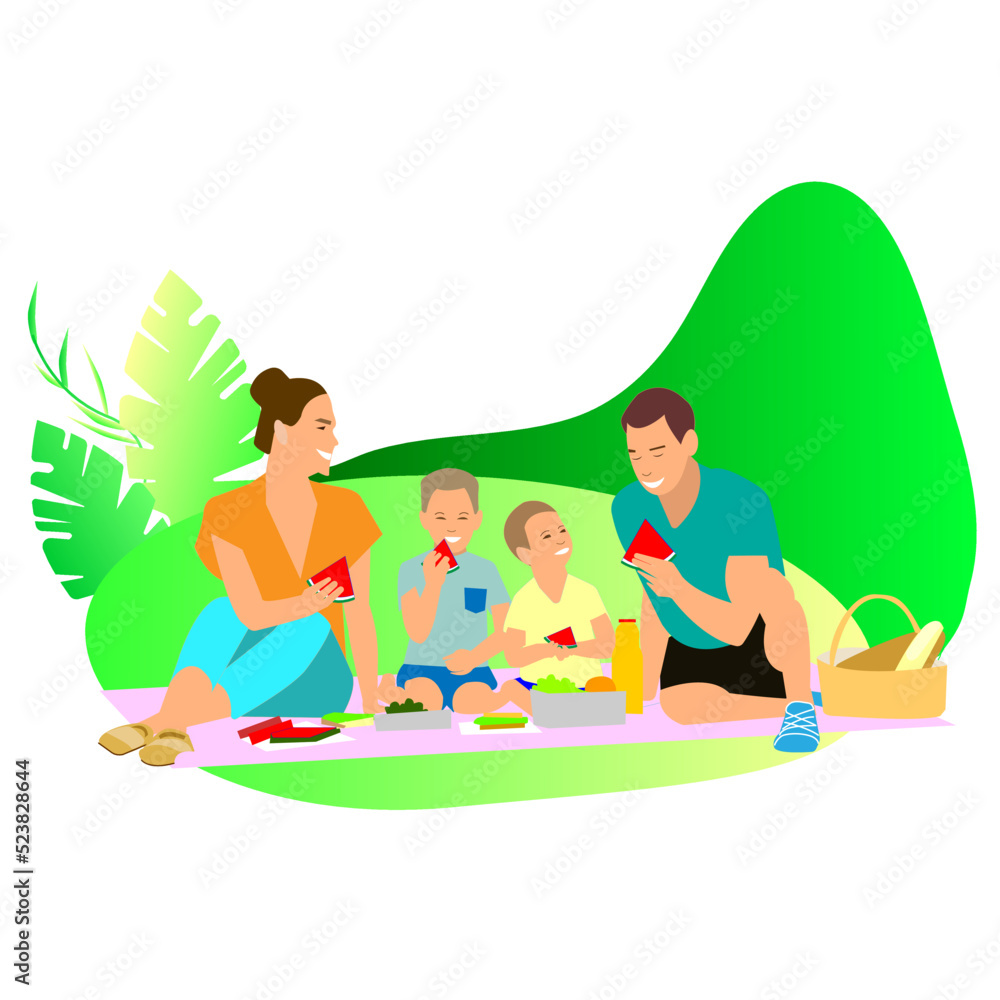 Happy caucasian family on picnic flat color detailed characters. Parents with kid sitting on blanket. Summer recreation isolated cartoon illustration for web graphic design and animation
