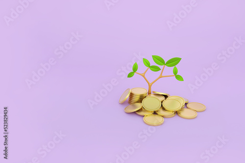3d coins with tree on pastel purple background. Finance concept, saving concept, money growth up, 3d render money coins, business investment, economic growth
