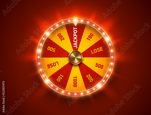Bright fortune wheel spin mashine. Shiny led bulbs frame, isolated on red background. Casino banner design element or icon. Yellow red sector photo