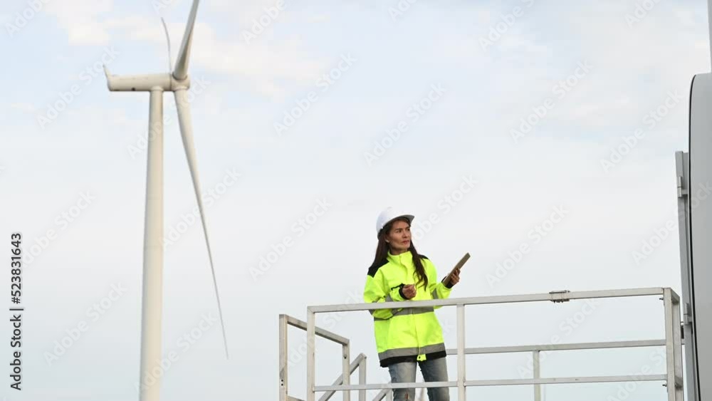 women engineer working and holding the report at wind turbine farm Power Generator Station on mountain,Thailand people women engineer working and holding the report at wind turbine farm Power Generator Station on mountain,Thailand people