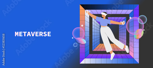 Metaverse entertainment. Flat vector illustration with woman wearing virtual reality glasses and VR headsets, interacting and exploring a virtual world. Concept of future innovations.	